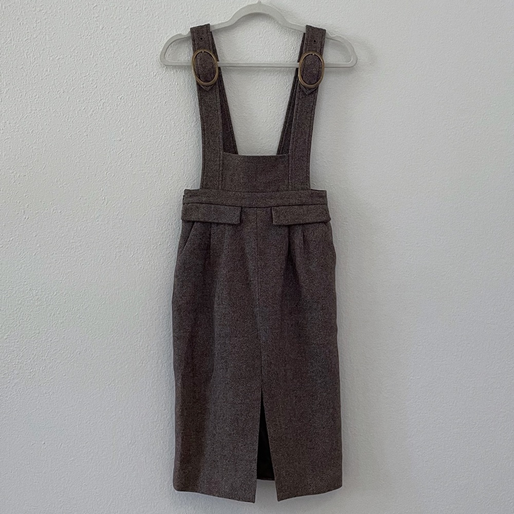 Pinafore brown tweed buckled strap midi dress